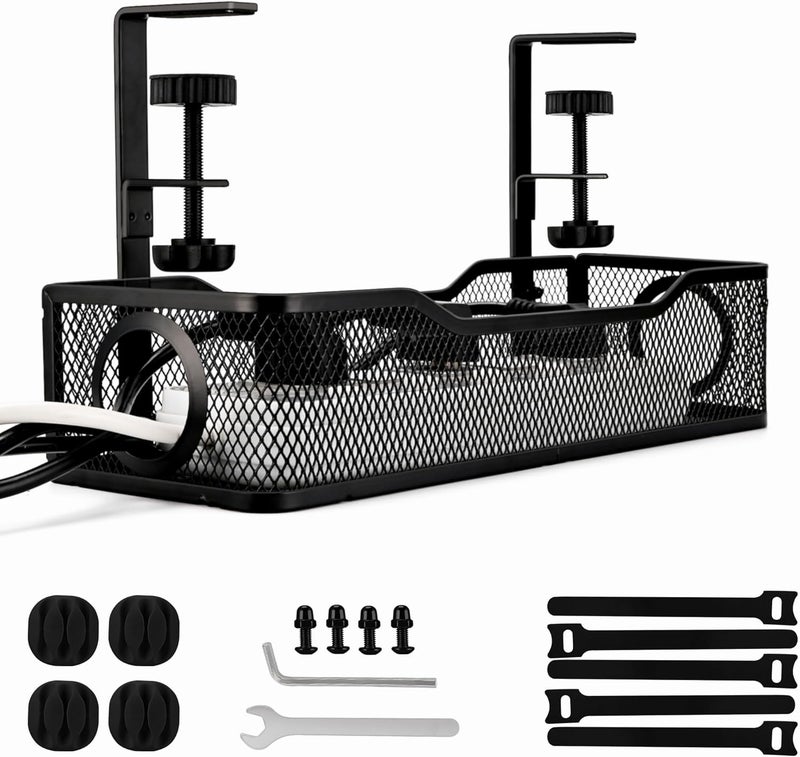 QUELIEN Under Desk Cable Management Tray Small – Clamp-Mounted Wire Organizer & Cord Management Under Desk Holder, No-Drill Metal Cable Tray for Home Office (Black) - Image 1